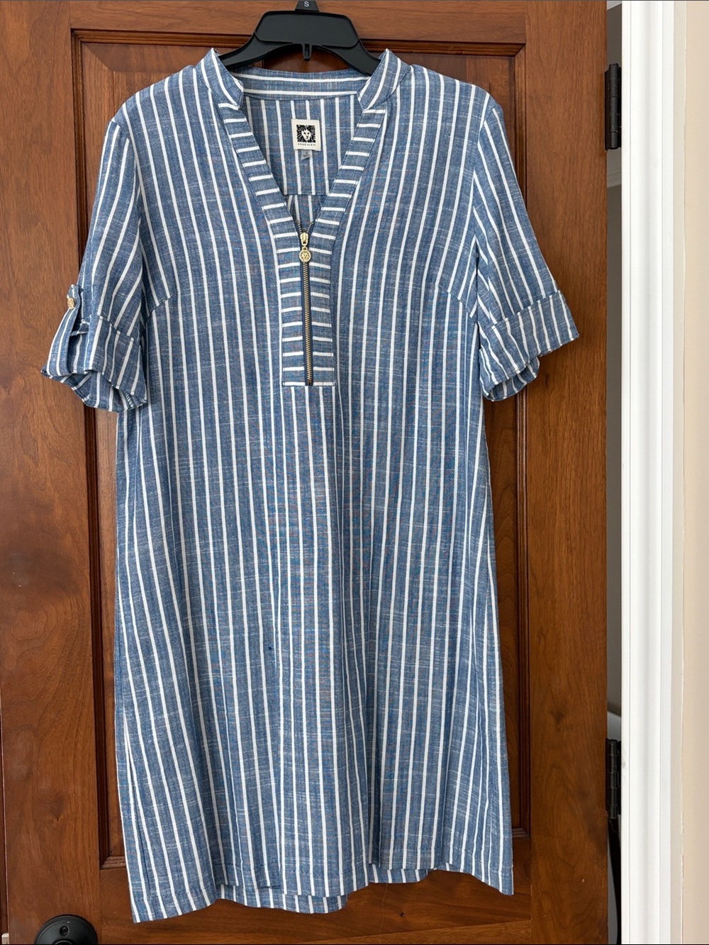 Anne Klein Blue and White Striped V-Neck Midi Dress